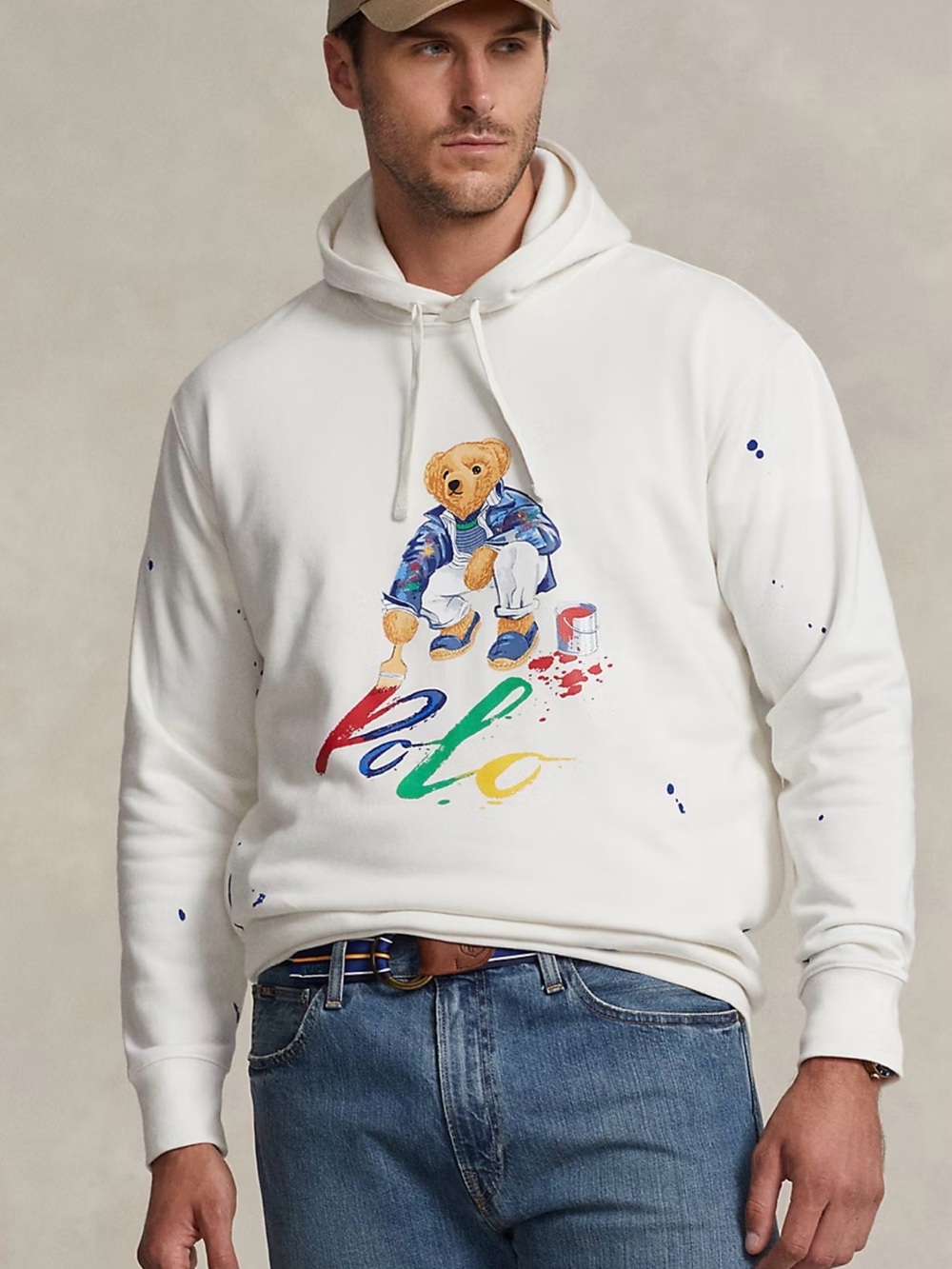 Polo by Ralph Lauren White Paint-Detail Bear Hoodie